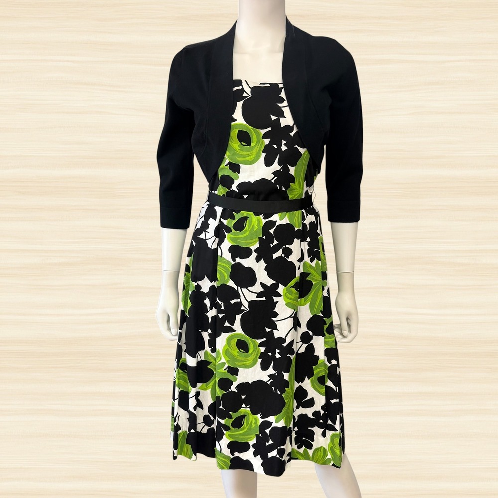 Dressbarn Floral Fit Flare Dress Black Bolero Shrug Green White Womens 4 Retro